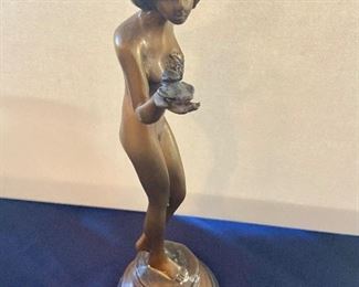 Art Deco Bronze Nude Girl with Bird; reproduction Fayral