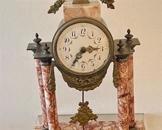 Antique French Garniture Clock Set; bronze and pink marble