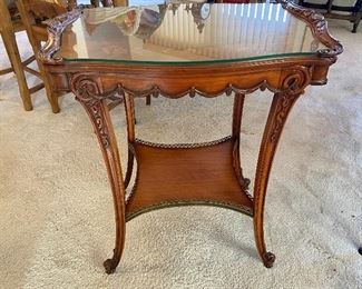 BUY IT NOW! $400 Antique rectangular, carved, inlaid wood, side table with swag detail, tapered c-scroll legs, glass protective top, and undertier joining.  Two available. 