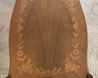 BUY IT NOW! $400 Antique rectangular, carved, inlaid wood, side table with swag detail, tapered c-scroll legs, glass protective top, and undertier joining.  Two available. 