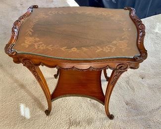 BUY IT NOW! $400. Antique rectangular, carved, inlaid wood, side table with swag detail, tapered c-scroll legs, glass protective top, and undertier joining.  Two available. 