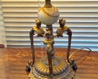 Antique Art Deco Cast Iron and Marble Table Lamp with Fringe Shade; Lady Motif