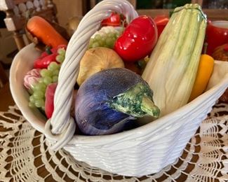 Ceramic Basket with faux fruits and veggies