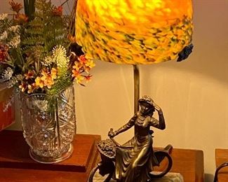 Art Nouveau style desk lamp with bronze lady on a bike,  frosted art glass shade and marble base