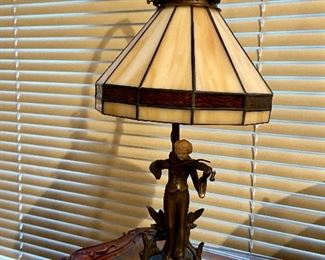 Art Nouveau Style Cast Iron Table Lamp featuring Violin Player and Stained Glass Shade  