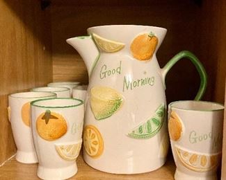 Vintage 1960s ceramic 'Good Morning' - Juice Pitcher Set with 6 glasses, by Napcoware 