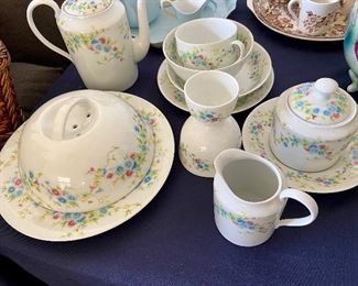 Antique Limoges France Porcelain- 12pc Set (white w/hot pink & blue flowers, yellow and green leaves)