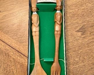 Vintage African King and Queen Carved Wood Salad Serving Set