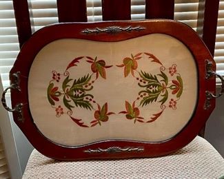 Vintage Wood and Glass Tray with Framed Embroidery  