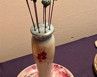 Vintage Limoges Hat Pin Holder with pins
