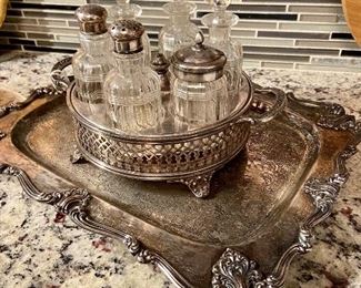 Antique Silverplate Tray and Cut Glass Cruet Set  