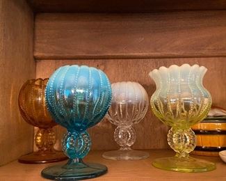 Antique NorthWood Opalescent Uranium Glass Footed Beaded Vases