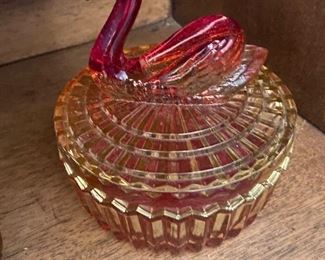 Vintage Red Orange Glass Swan Trinket Jar 