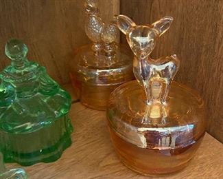 Midcentury Jeannette Iridescent Peach Lidded Powder Jars 