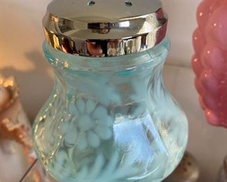 Vintage Blue & White opalescent art glass sugar shaker