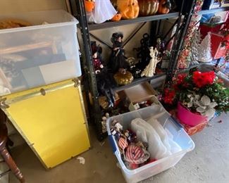 Vintage Yellow Trunk, dolls and holiday decor