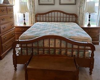 Broyhill Bedroom Suite: Bed Frame, Dresser w 3-Part Mirror, Highboy and 2 Nightstands, Queen Mattress/BS, Vintage Trunk, Table Lamps, Art