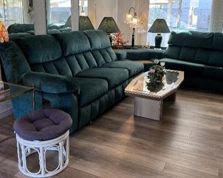 Vintage Emerald Green Sectional w Built-in End Table, Crystal Table Lamp, Table Lamps pr