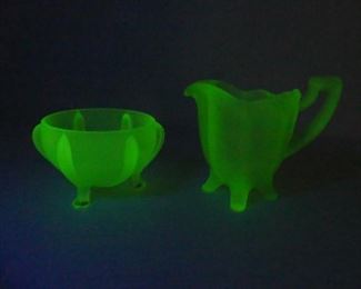 Vintage Green Satin Vaseline Glass Footed Open Sugar Bowl & Creamer