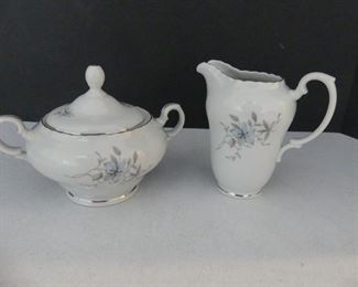 Vintage 1950s Royal Heiden Society China "Fantasy-Swirl Edge" Platinum Trimmed Covered Sugar Bowl & Creamer