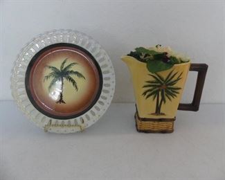 Pacific Rim China Palm Tree Pitcher with Woven-Look Base and Reticulated Plate with Palm Tree Design Center