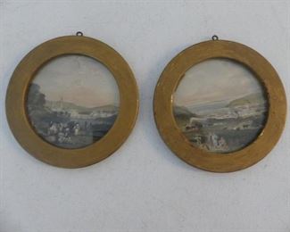 Vintage Pair of Framed Pen & Ink Watercolor Scenes - 5" Diameter