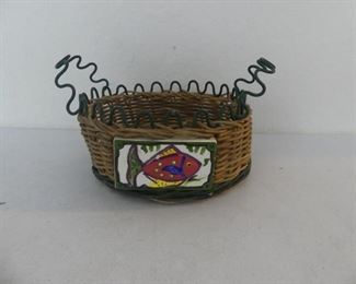 Vintage Basket with Hand Painted Fish Ceramic Tile & Serpentine Metal Rim & Handles 