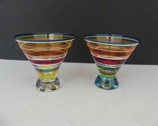 Vintage MCM Pair of Unusual Flashed On Color Striped Cone Shaped Cocktail Glasses