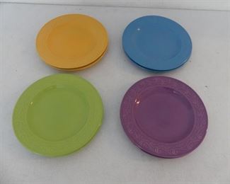 Vintage Set of 8 (2 Each Blue, Gold, Green & Purple) 8" Plates with Scroll Pattern Rim