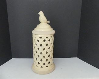 Ceramic Lattice Work Flameless Candle Holder with Bird on Lid