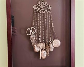 Framed antique Victorian silver chatelaine