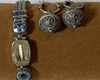 Lori Bonn Rutilated Quartz & Blue Topaz Bracelet W/ Dangle Earrings