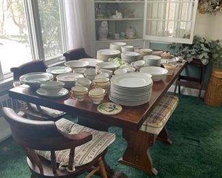 Beautiful dining table with bench and four chairs. All sold separately. 