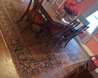 Sarrok handmade Rug 8x11 / oak table - Extention /  Set of 4 Queen Ann Side Chairs / Baker English Twist Leg 