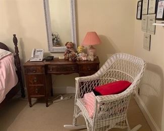 Mahogany carver Writing Desk / Oval Wicker Mirror / Vintage Rocking Chair 