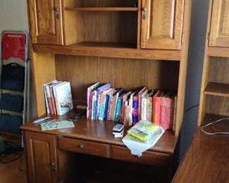 2-piece wood desk set with cabinet storage and bookshelves, books