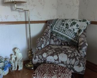 chair, foot stool, brass floor lamp