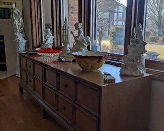 Henredon dinner storage cabinet, satin bowl, statues
