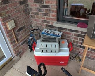 cooler, luggage cart, small pet carrier