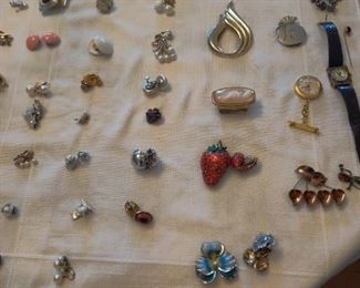 vintage and costume clip-on earrings, broaches, watches, pins