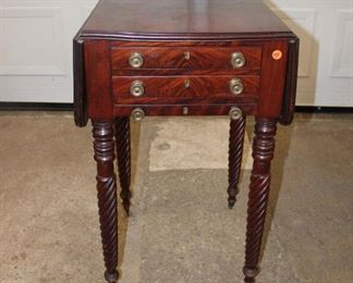 
Lot 545
Antique Empire burl mahogany drop side 2 drawer sewing stand, missing cloth cabinet
