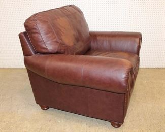 
Lot 604
Oversize leather club chair with arm tacking in the chocolate brown and nice patina on cushion
