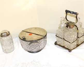 
Lot 788
Group of Semi antique silver plate and crystal items including cruet set
