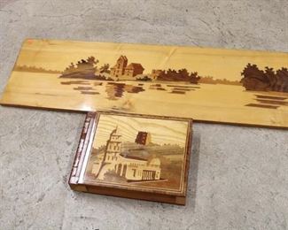 
Lot 794
2pc inlay box with inlay wall plaque approx. Box: 14" w x 11" d x 3" h Plaque: 41" w x 13" h
