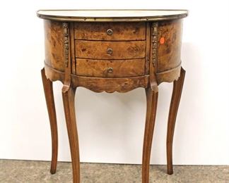 
Lot 802
French style burl walnut 3 drawer Demilune stand with applied bronze
