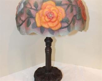 
Lot 831
Painted shade Bronze style base lamp
