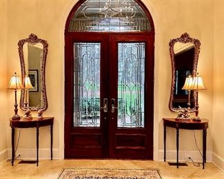 matching pair of Demi-lune tables & mirrors