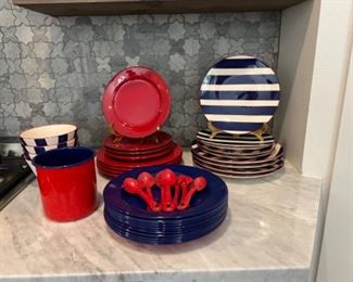 4 place setting of Blue & White dishes, 4 piece place setting of Red dishes, 8 place setting of Blue