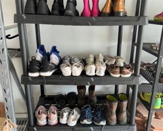 Men’s and Women’s  rain boots, snow boots, tennis shoes and Sandals. Kids roller blades and bouncer exercise boots. Black plastic 5 shelving unit