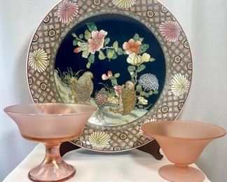 Fenton Frosted Compote / Hand Painted Large Bowl